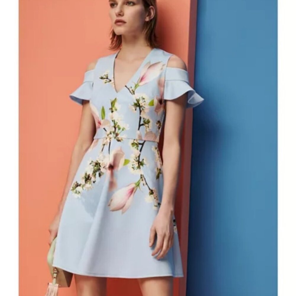 Ted baker effrae harmony cold shoulder blue floral dress
